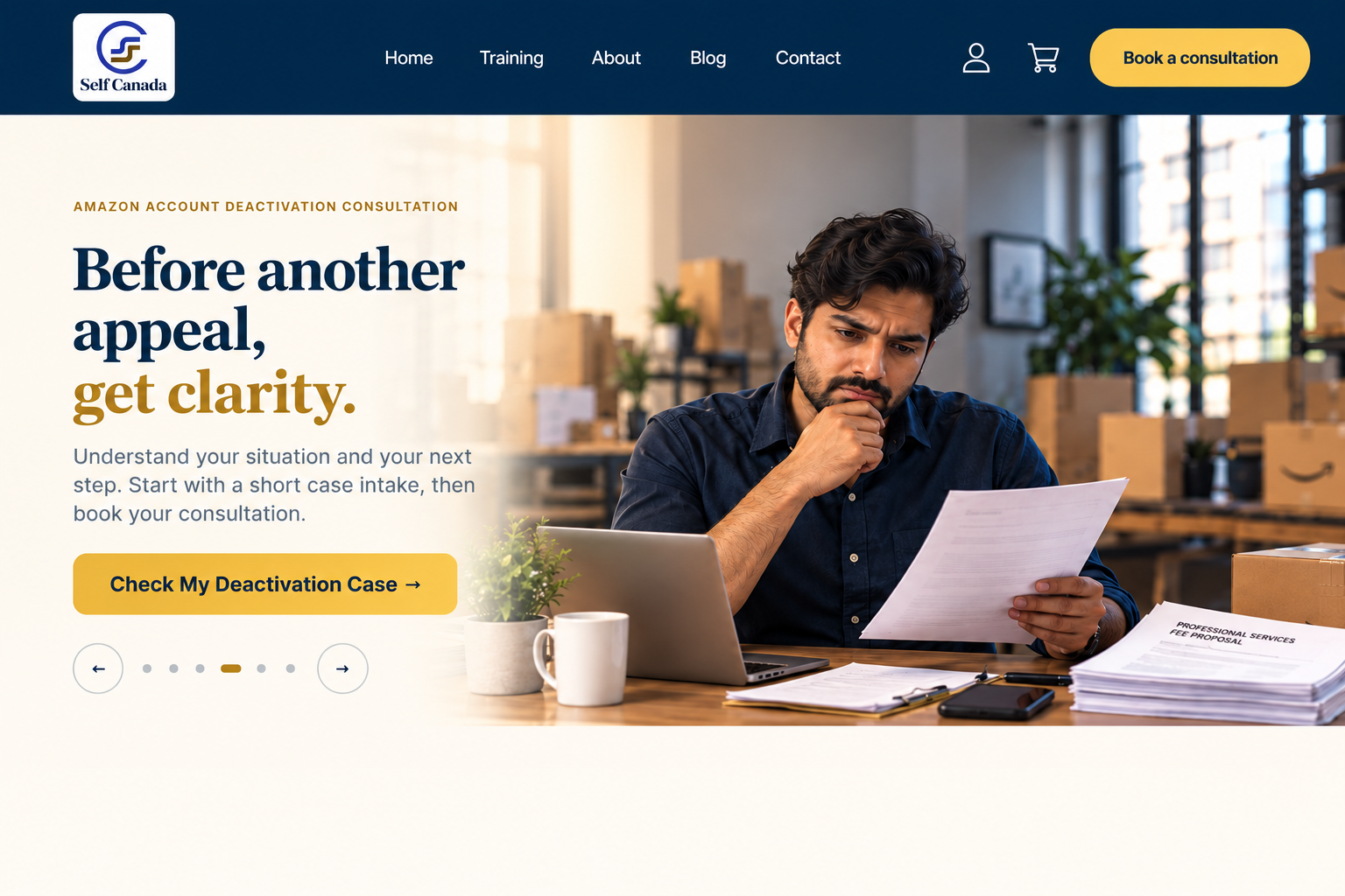 Seller holding a document and reviewing his Amazon account situation at his desk.