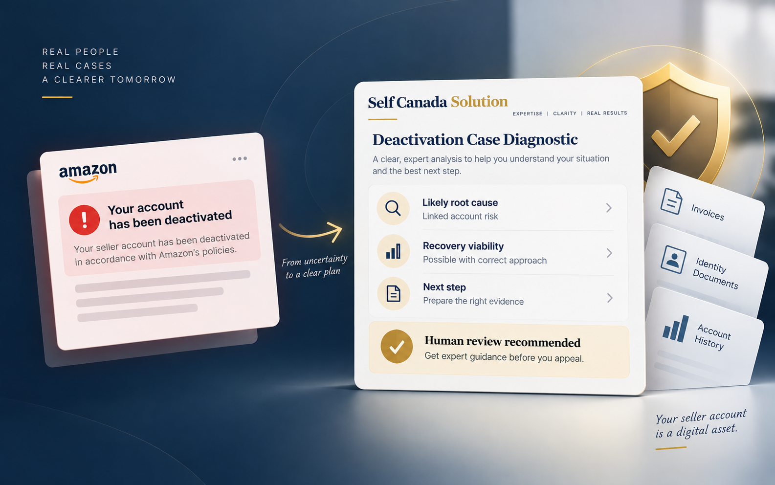 Self Canada solution showing an Amazon account deactivation notice leading to a case diagnostic with root cause, recovery viability, next step, and human review recommendation.