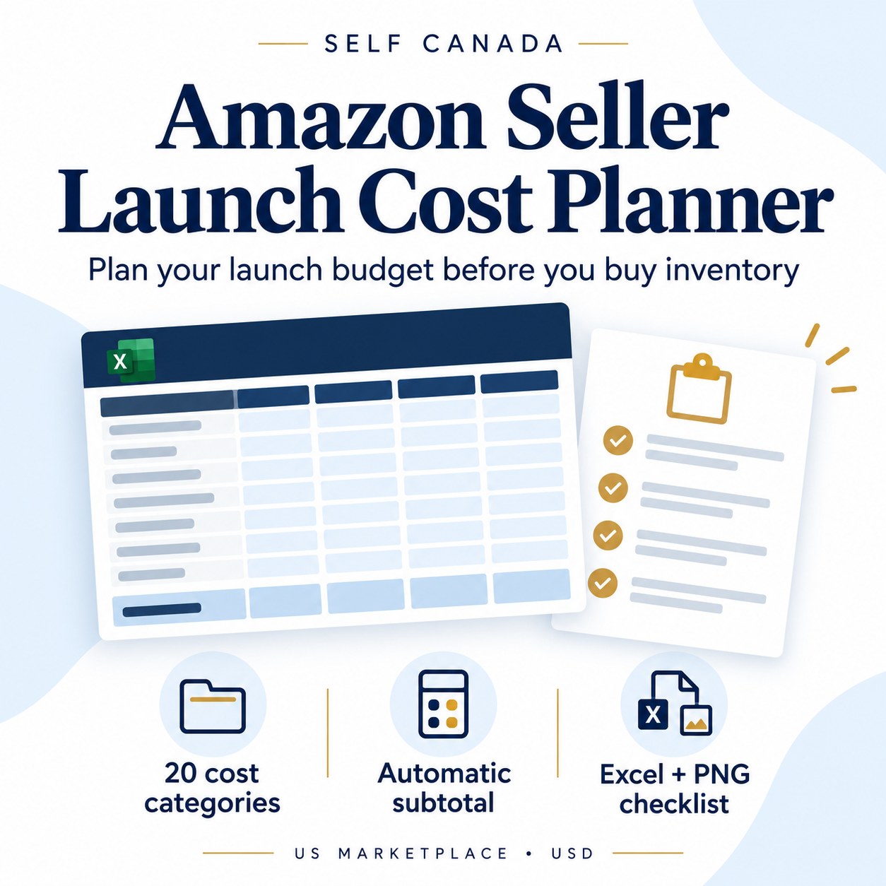 Self Canada Amazon Seller Launch Cost Planner — Excel workbook and PNG checklist.