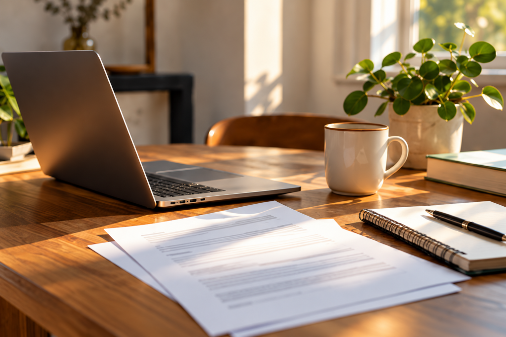 Sunlit workspace with a laptop, notebook and plant